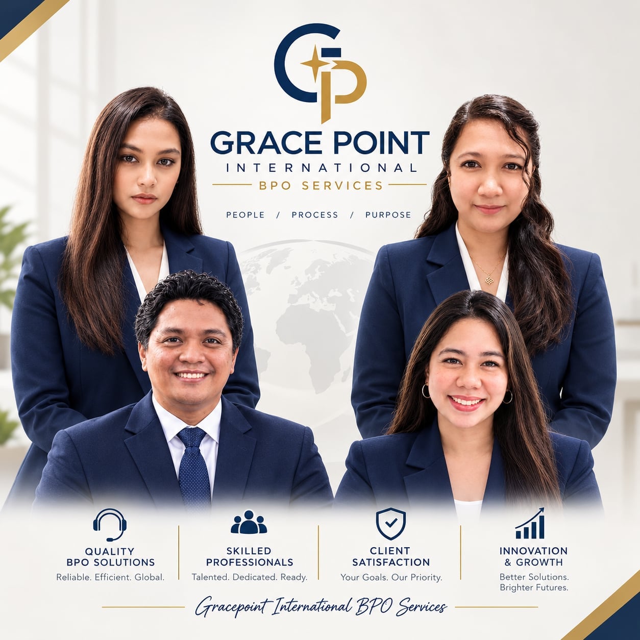 The four owners of Grace Point International BPO Services pictured with the company logo
